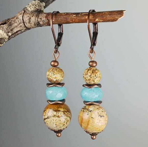 HAND CRAFTED Boho Rustic Tan Jasper Turquoise Copper Gemstone Earrings - Picture 2 of 6
